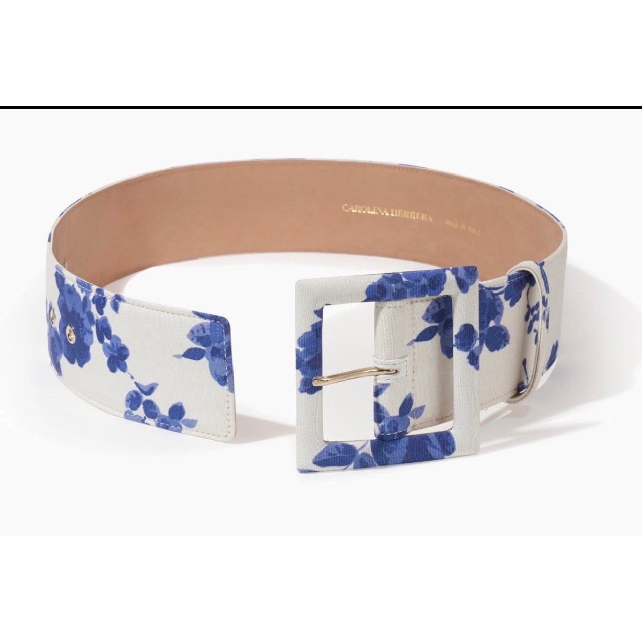 Carolina Herrera Blue White Floral Wide Waist Belt Fabric Leather Made Italy M
